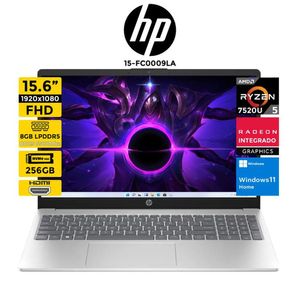 Laptop HP 15-fc0009la Ryzen 5-7520 Pantalla 15.6" 8GB 256GB Windows 11 Home