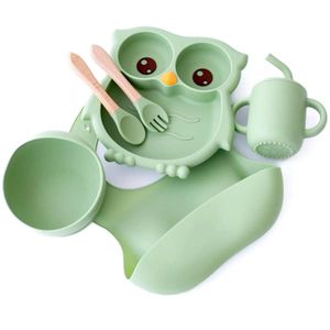 Set de Alimentación Babero de Silicona Búho Verde