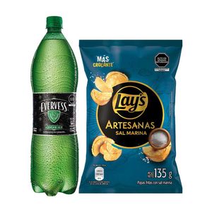 Pack Gaseosa EVERVESS Ginger Ale Botella 1.5L + Papas LAY'S Artesanas Sal Marina Bolsa 135g