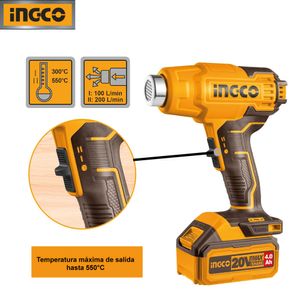 Pistola de Calor Ingco 20V + 1 Batería 4.0AH + Cargador HGLI20025