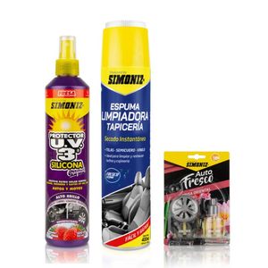 Tripack Limpieza Interiores Simoniz: Ambientador con Reposicion Oriental + Espuma Limpiador Tapiceria 400ml + Silicona UV3 Fresa 300ml
