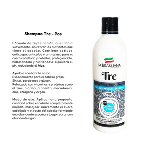 Shampoo Tre 500 ml + Reacondicionador Due 500ml y Mascara Capilar Pos la Brasiliana 250gr
