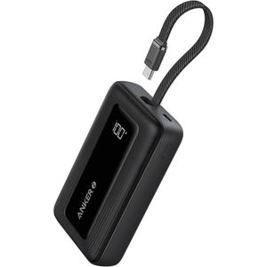Cargador portátil Anker Power Bank 10000 mAh USB-C & Lightning 30W, cables integrados, negro