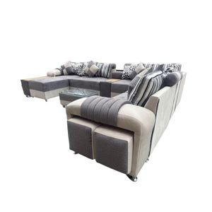 SECCIONAL EUROPEO BEIG / PLOMO 12 PIEZAS + 4 COJINES + MESA DE CENTRO