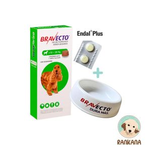 PACK Antipulgas Bravecto para Perros de 10 a 20 Kg + 2 Tabletas* de Endal Plus + 1 Plato Bravecto