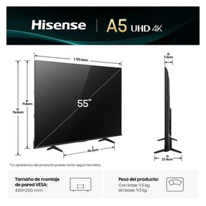 TELEVISOR HISENSE 55 SMART TV VIDAA 4K UHD LED 55A5NV + RACK FIJO