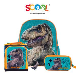 Pack Mochila + Lonchera + Cartuchera Luces Sonido Scool Mg Jurassic