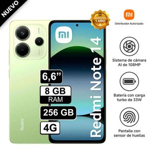 Celular Xiaomi Redmi Note 14 4G 256GB 8GB RAM cámara 108MP, cámara frontal 20MP, 6.6" Pulg Verde