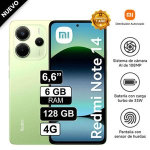 Celular Xiaomi Redmi Note 14 4G 128GB 6GB RAM cámara 108MP, cámara frontal 20MP, 6.6" Pulg Verde