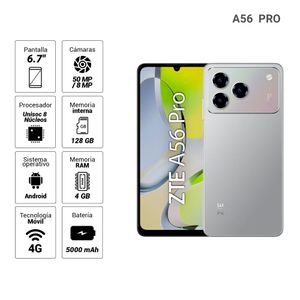 Celular ZTE A56 Pro 4G 128GB, 4GB RAM, cámara dual 50MP + 8MP, 6.75", gris