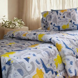 Set Edredón Lujo 1.5 Plazas Celeste Dinosaurio Reversible + Set de Sábanas