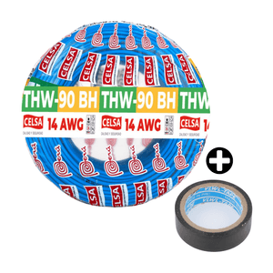 COMBO Cable THW-90 450/750 V 14 AWG Celsa Azul 100m + Cinta Aislante Eléctrica 16mm x 4.5m Negro