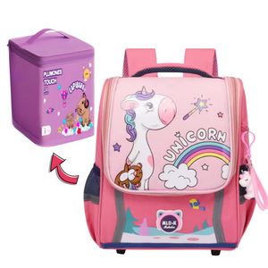 Mochila para Niñas Kawaii Escolar Unicornio Rosadoy Plumones Touch Marcadores Capibara de 24 pcs