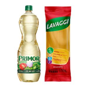 Pack Aceite Vegetal PRIMOR Clásico Botella 900ml + Fideo Spaghetti LAVAGGI Bolsa 950g