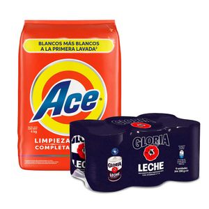 Pack Detergente en Polvo ACE Limpieza Completa Bolsa 4Kg + Leche Reconstituida Entera GLORIA Lata 390g Paquete 6un