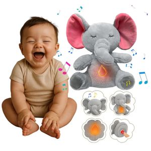 Peluche para Niños Bebés Elefante 3 Modos Respira Luz Cálida Musical