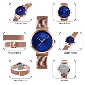 RELOJ SKMEI 1595 ORO ROSA FONDO AZUL CORREA ACERO PARA MUJER.