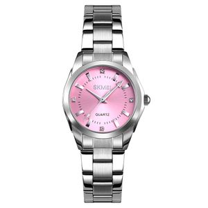 RELOJ SKMEI 1620 PLATEADO FONDO ROSADO CORREA ACERO PARA MUJER