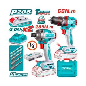 Combo Taladro Percutor 20v 66NM  Atornillador Impacto 285 NM TOTAL TCKLI20277