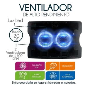 Cooler para Laptop 9" a 17" con 2 Ventiladores y Hub USB LED Azul 638A