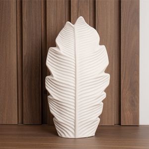Florero Panadecor Diseño Hoja Blanco 30CM Porcelana