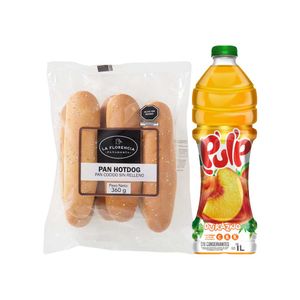 Pack Pan Hot Dog LA FLORENCIA Paquete 360g + Bebida PULP Sabor a Durazno Botella 1L