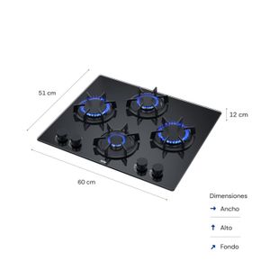 Cocina Encimera 60cm Sole Rubí 4 Hornillas Vidrio Templado