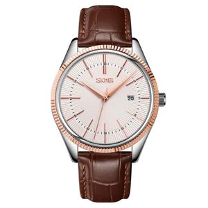 Reloj Skmei 9298 Oro Rosa fondo blanco Correa marrón de cuero