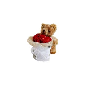 Oso de peluche de 30 cm parado, 7 rosas artificiales premium