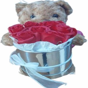 Oso de peluche de 30 cm parado, 7 rosas artificiales premium