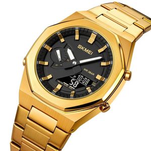 Reloj Skmei 1816 Dorado Fondo negro Analogico Digital Hora Mundial.