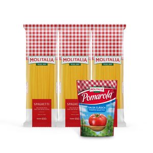 Pack Spaghetti MOLITALIA Bolsa 450g Paquete 3un + Salsa de Tomate POMAROLA Bolsa 145g