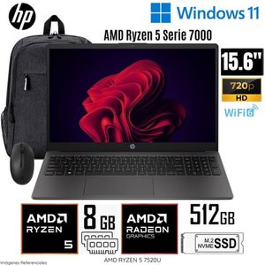 Laptop HP 255 G10 A12HBLT AMD Ryzen5-7520U 8GB RAM 512GB SSD 15.6  HD más Mochila y Mouse HP