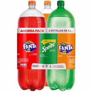 Gaseosa FANTA Naranja + FANTA KOLA INGLESA + SPRITE Botella 3L Paquete 3un